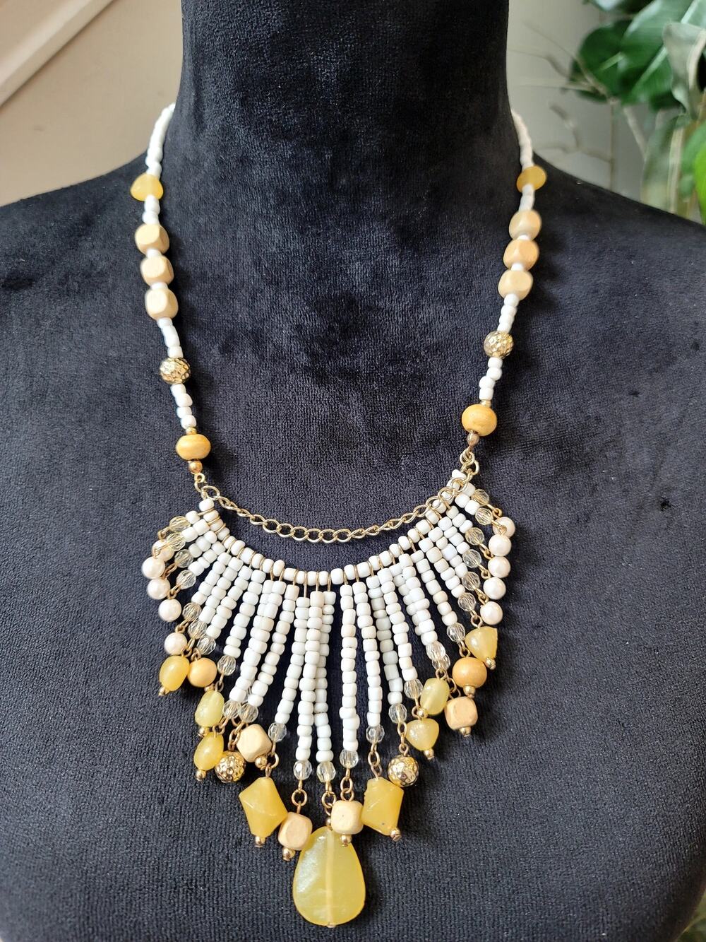 White Gold Beaded Fringe Bib Statement Necklace Boho